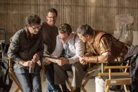 HAIL, CAESAR!, from left: director Joel Coen, director Ethan Coen, Josh Brolin, George Clooney, on set, 2016. ph: Alison Cohen Rosa/© Universal Pictures