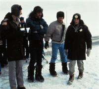 FARGO, director Joel Coen (arms folded), Ethan Coen, Frances McDormand (in policewoman costume) on set, 1996, (c) Gramercy Pictures