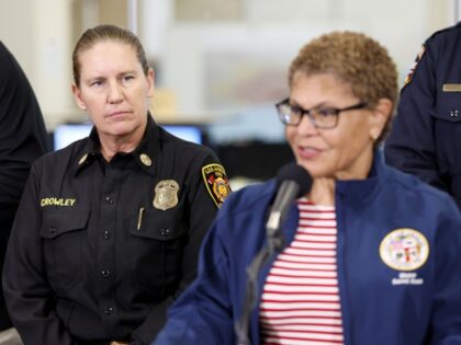 Los Angeles, California-Jan. 11, 2025-Los Angeles Mayor Karen Bass, right, and Los Angeles