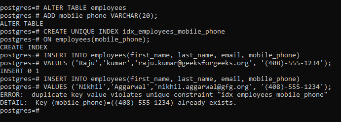 PostgreSQL UNIQUE Index Example