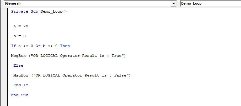VBA code of OR logical operator.