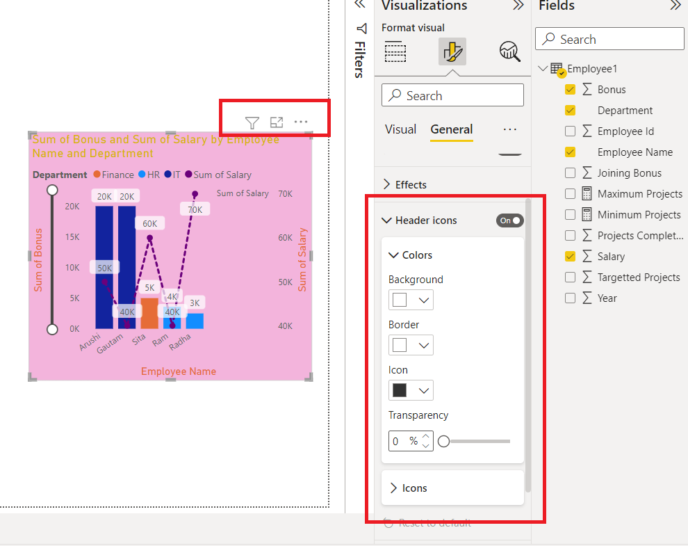 Adding Header Icons in Power - BI chart