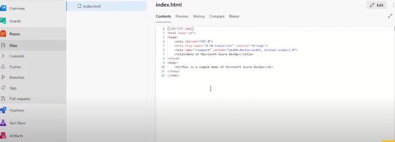 We have added a simple HTML page for the demonstration, as our main aim is to understand how MS DevOps works.