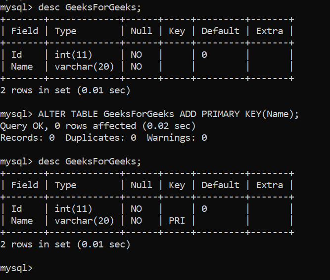 adding primary key using alter table statement