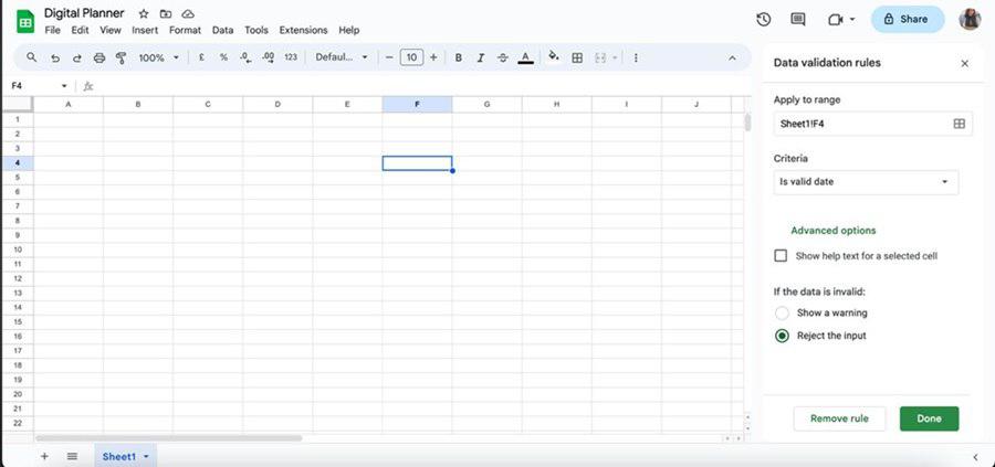 select "Is valid date" then select Reject the Input and click on "Done"