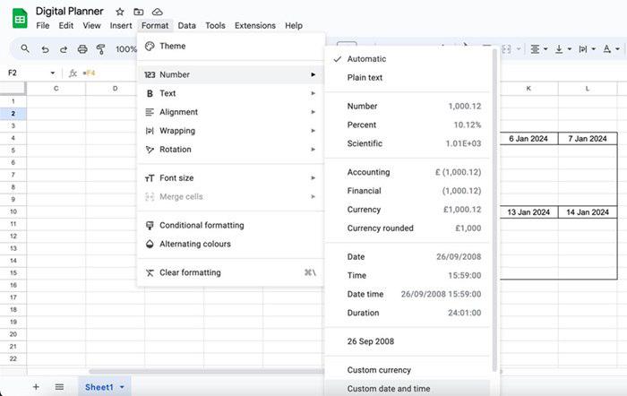 Go to Format > Number > Custom Date and Time.