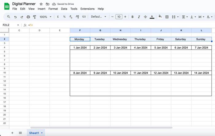Drag the next 7 rows to get the same dates as the F4 rows