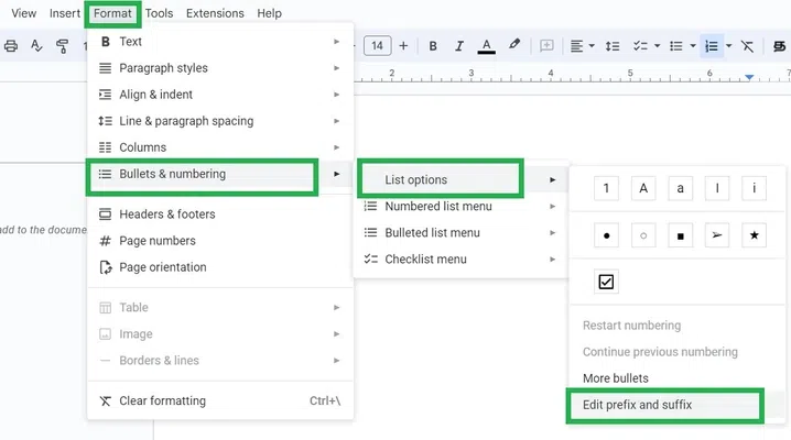 Click on "Format", Select Bullets & Numbering" and Click "List options"