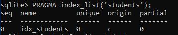 Listing The Indexes Associated with the table Students