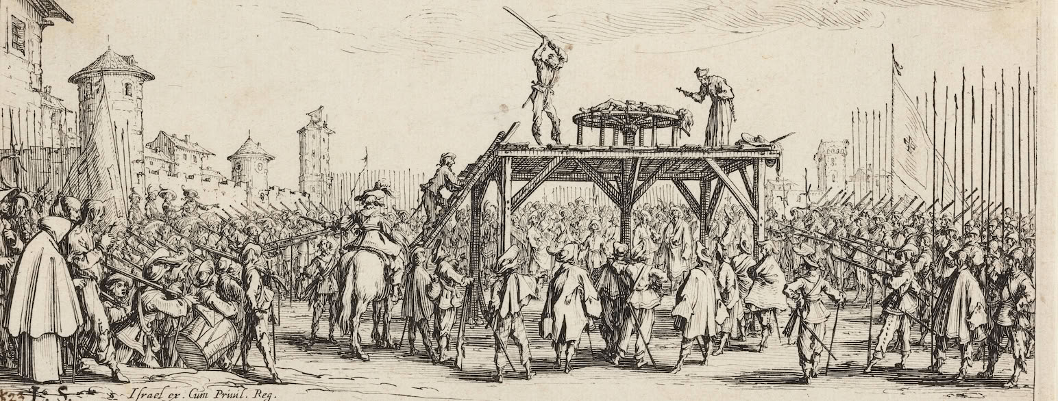 "Afstraffelsen ved radbrækning", radering af Jacques Callot, 1633