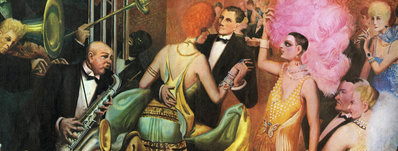 Udsnit af 'Metropolis' malet 1927-1928. I sin helhed afbilder værket tre tableauer fra nattelivet. Denne festscene er flankeret af krigsveteraner og prostituerede.