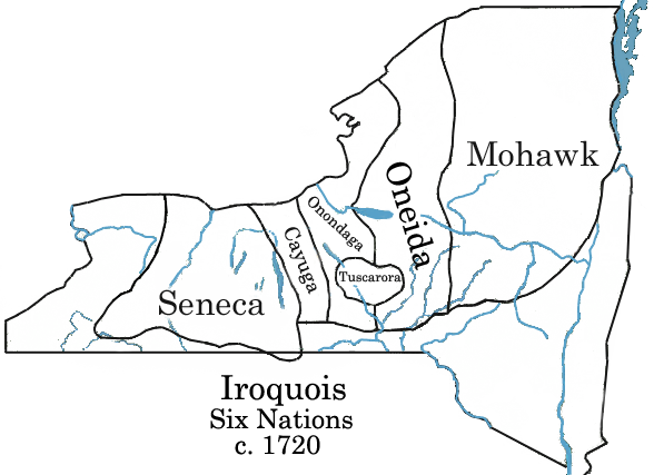Kort over de seks irokesiske nationers territorier i 1720