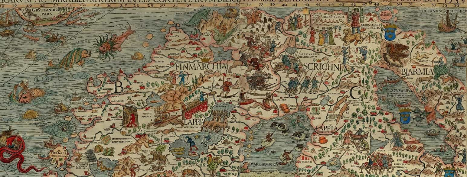 Utsnitt fra kart over nordområdene fra 1539, med «Finmarchia», «Lappia», «Sciricfinia» og «Biarmia» markert