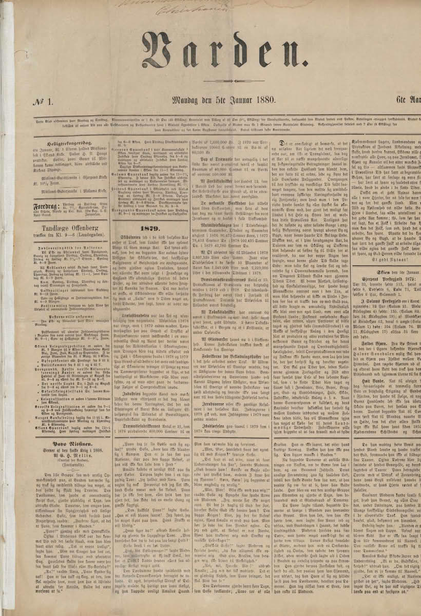 Framsida av Varden 5. januar 1880.