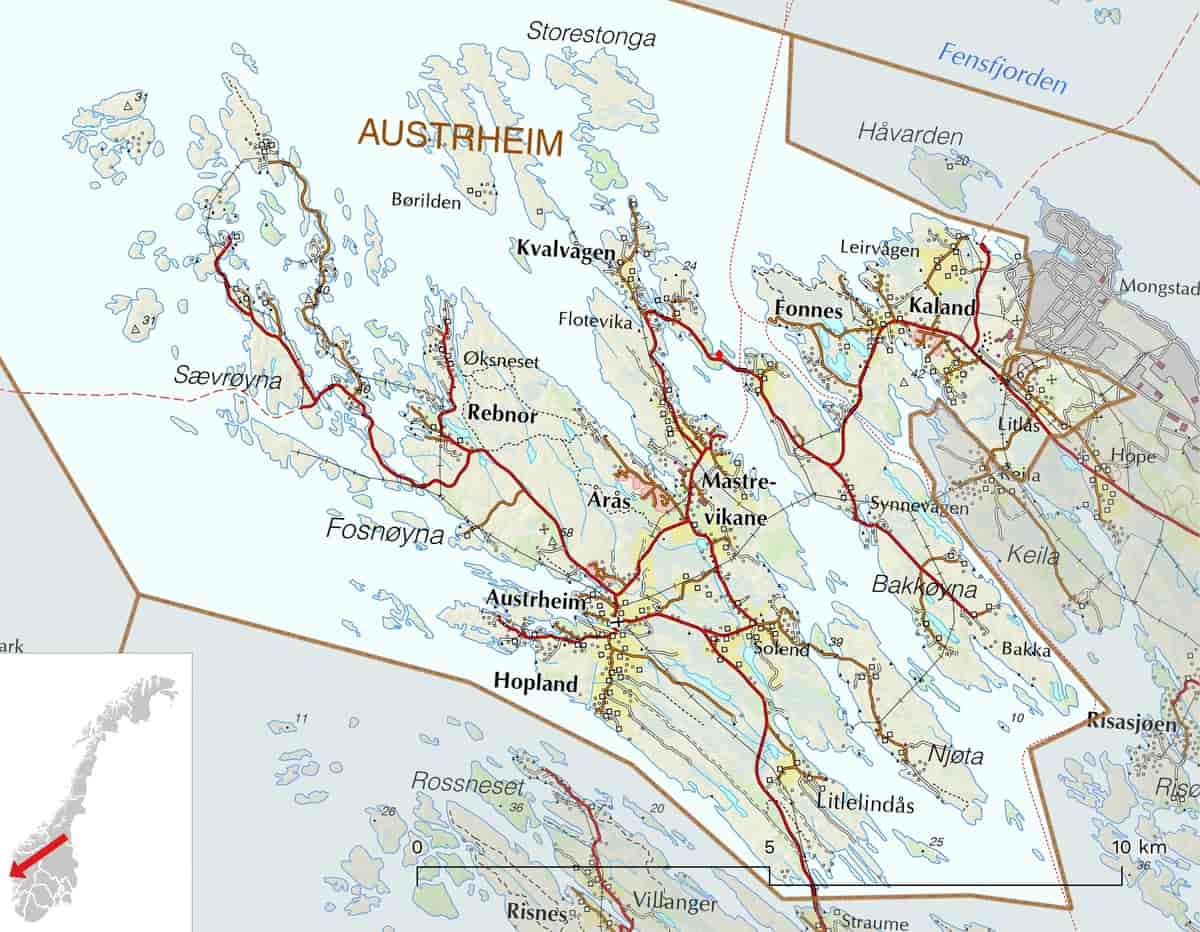 Kart over Austrheim kommune