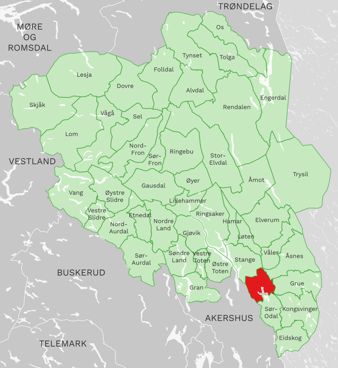 Kart: Nord-Odal kommune i Innlandet