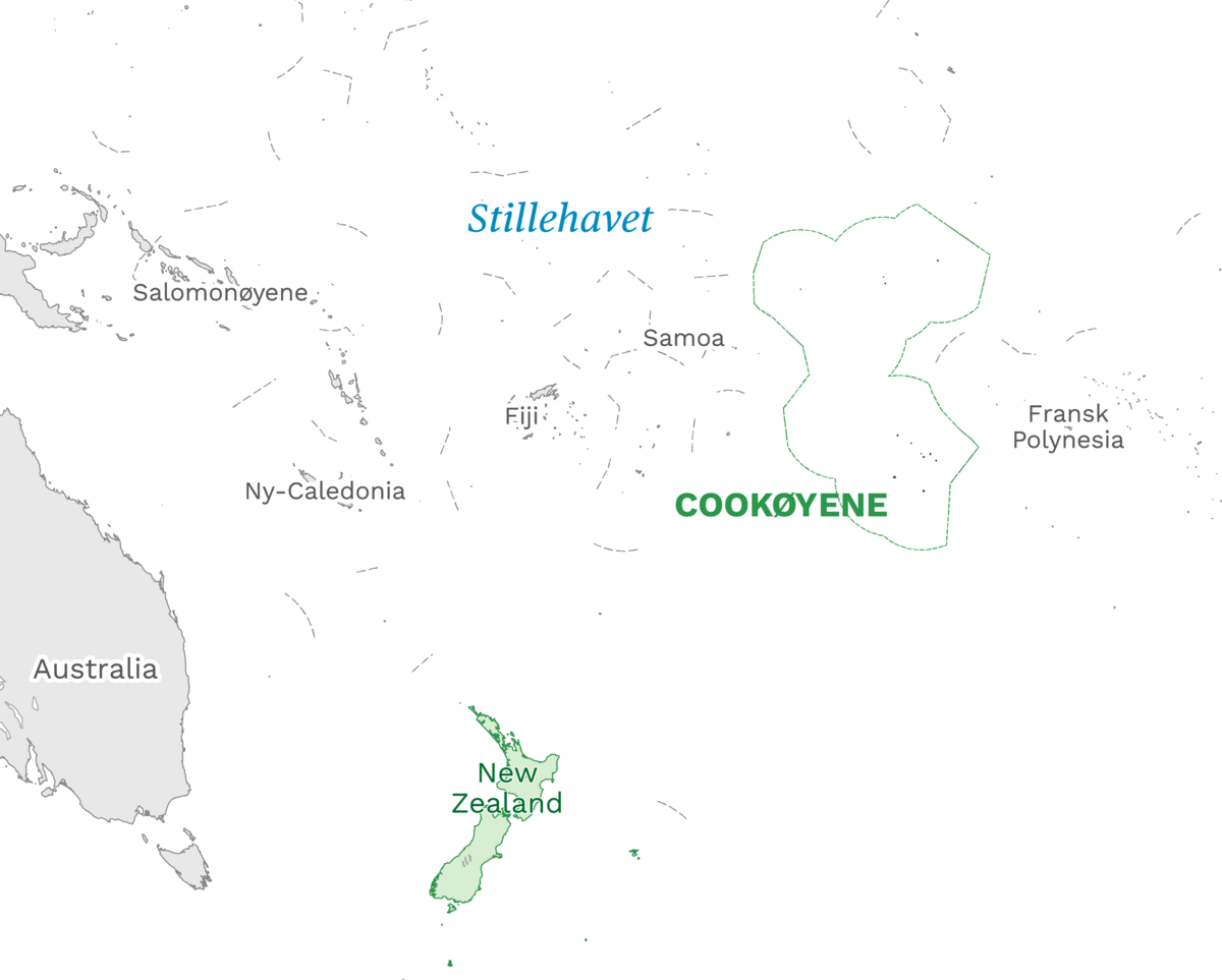 Plassering av Cookøyene med naboland rundt, kart