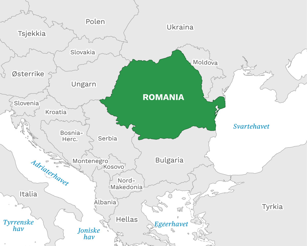 Plassering av Romania med naboland rundt, kart.