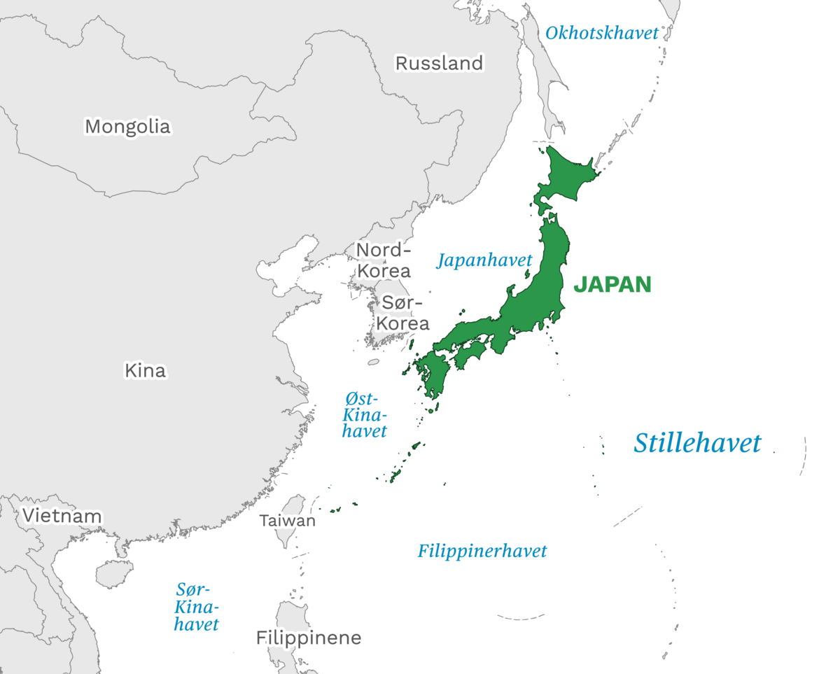 Plassering av Japan med naboland rundt, kart