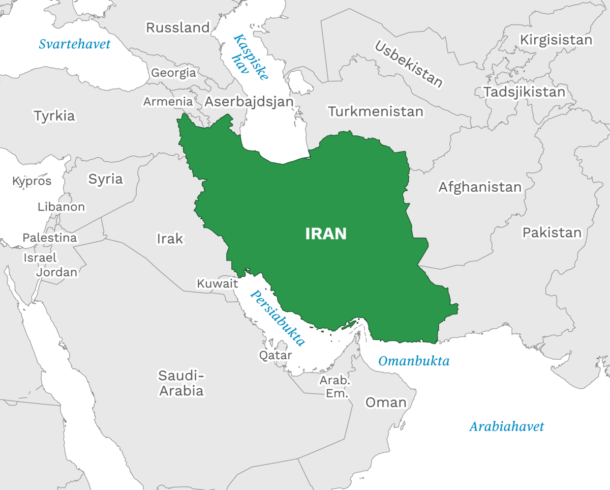 Plassering av Iran med naboland rundt, kart.