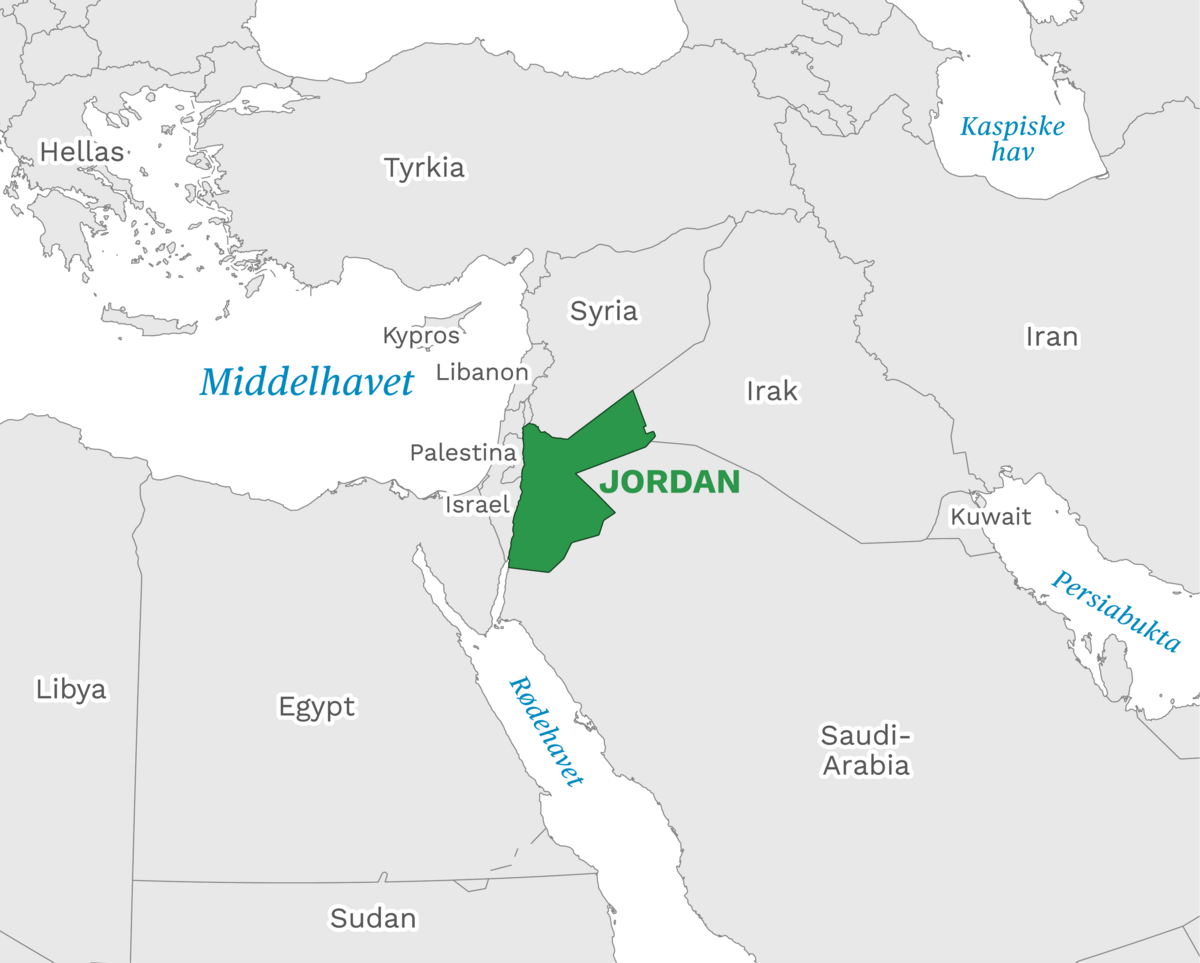 Plassering av Jordan med naboland rundt, kart.