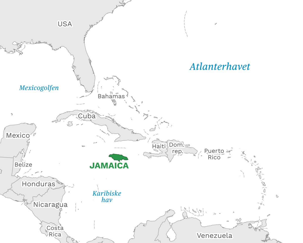 Plassering av Jamaica med naboland rundt, kart.