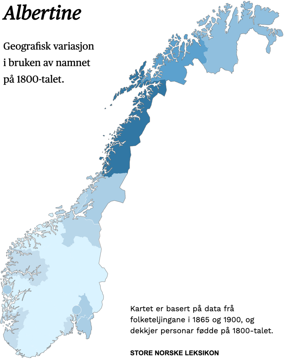 Geografisk variasjon i bruk av namnet Albertine på 1800-talet.