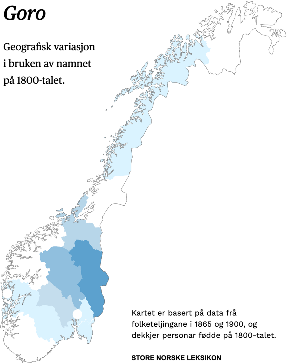 Geografisk variasjon i bruk av namnet Goro på 1800-talet.