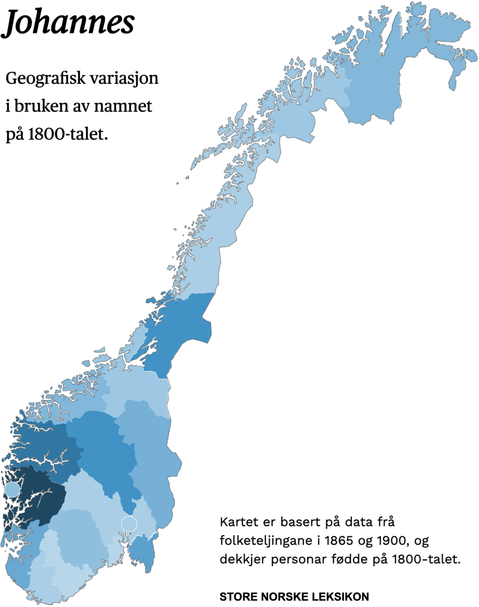 Geografisk variasjon i bruk av namnet Johannes på 1800-talet.