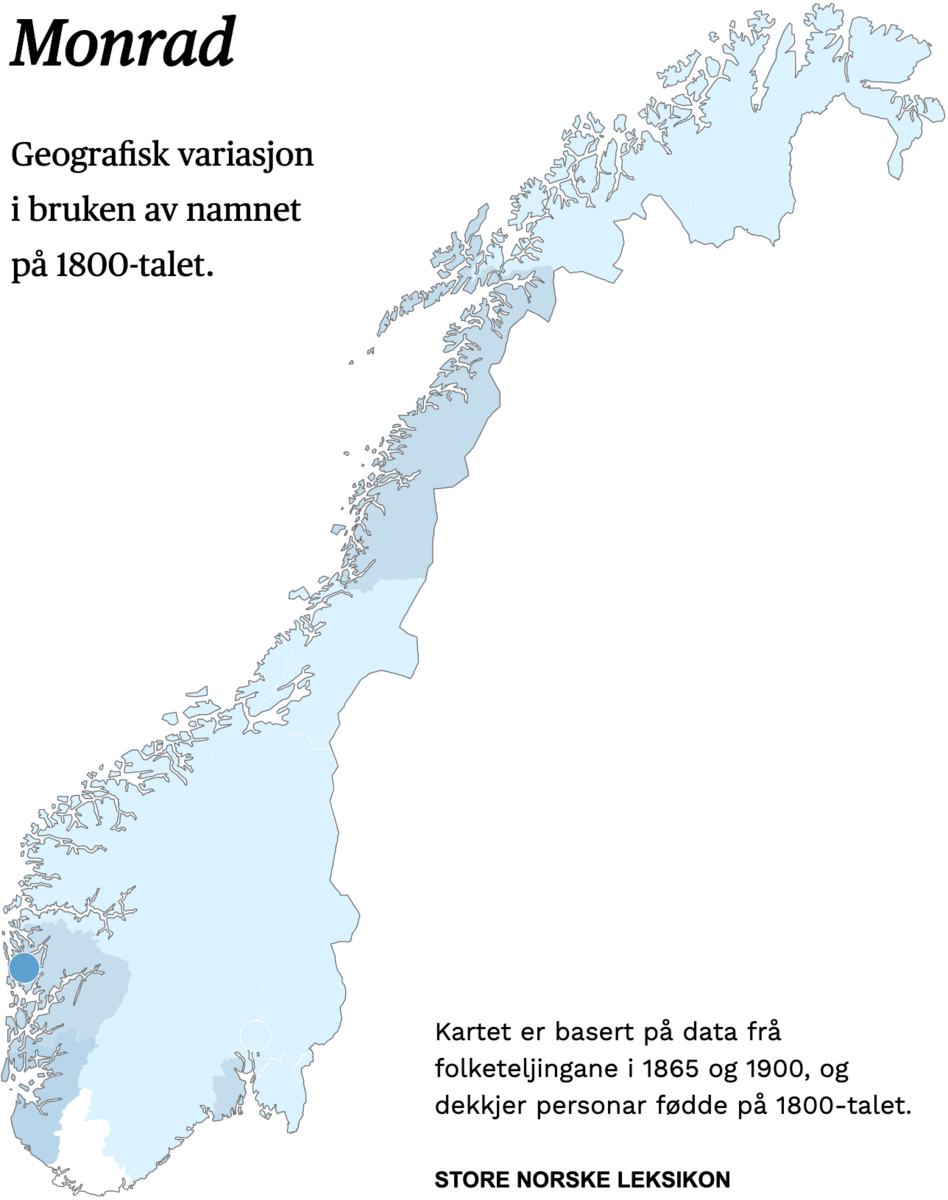 Geografisk variasjon i bruk av namnet Monrad på 1800-talet.