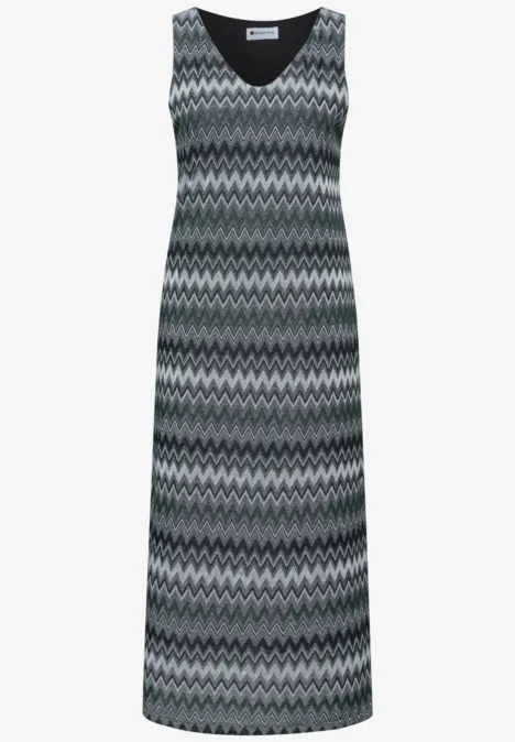 Midi-jurk met V-hals in jacquardstof deep bound green Mouwloze lange jurk met V-hals en grijs-zwart-witte zigzagprint.