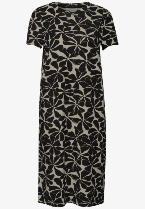 Knielange jurk met pofmouwen Black Zwarte midijurk met korte mouwen, beige bloemenbladmotief en ronde halslijn.
