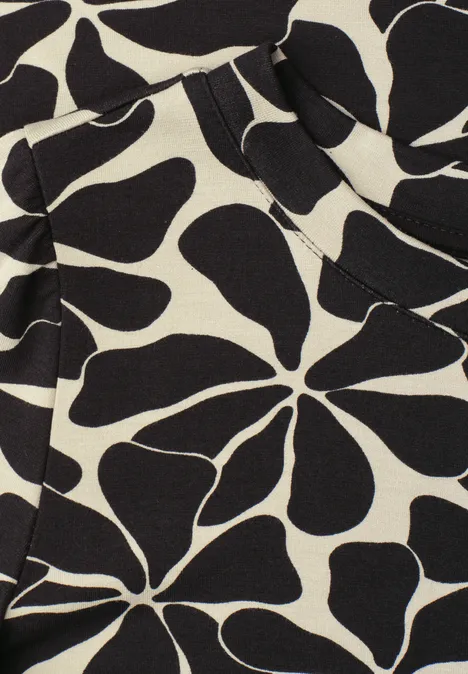Knielange jurk met pofmouwen Black Abstract bloemmotief met zwarte, organische vormen op crèmekleurige stof