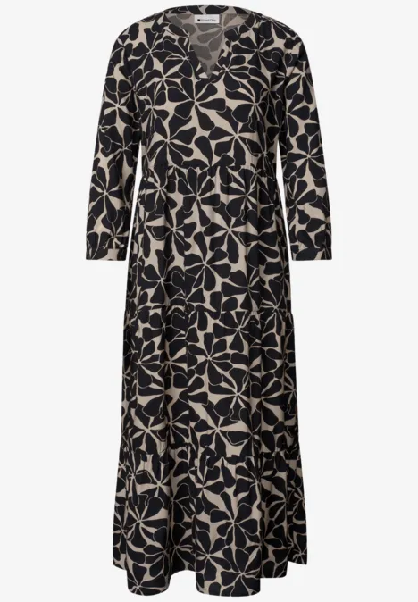 Midi-jurk met gespleten hals in etnische look Black Zwart maxijurk met lange mouwen en beige bladmotief