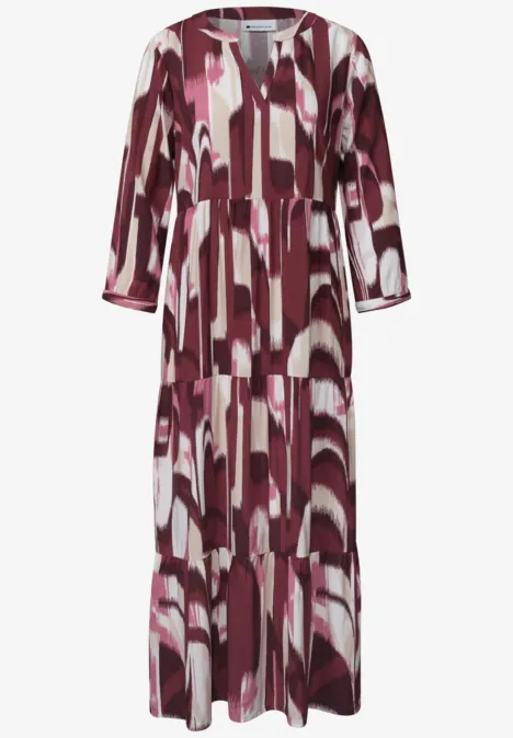 Midi-jurk met gespleten hals in etnische look rustic rouge Bordeaux midi-jurk met abstract dessin, 3/4-mouwen en losse pasvorm.