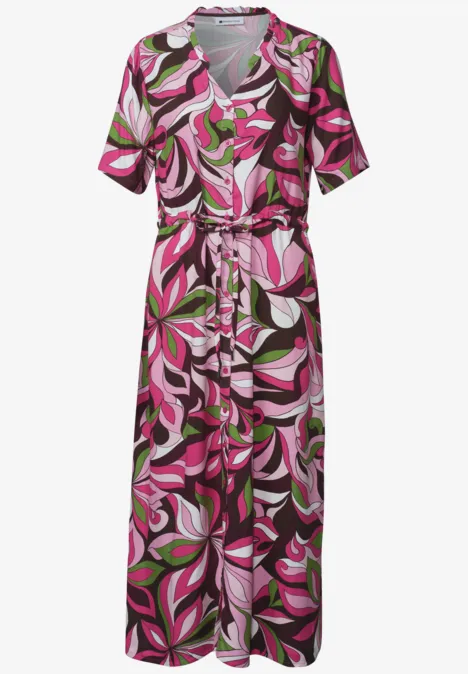 Midi-jurk met V-hals en print magenta dream Lange, luchtige jurk met abstracte roze-groene print, V-hals, korte mouwen en ceintuur.