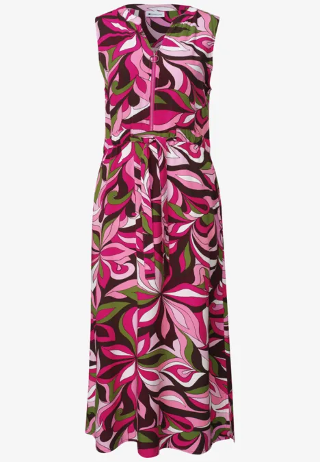 Midi-jurk met gespleten hals en ritssluiting magenta dream Mouwloze midijurk met opvallende bloemenprint in roze, groen en wit.