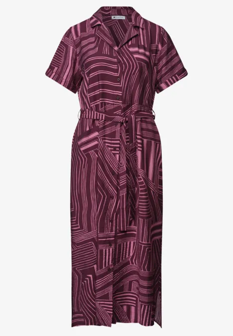 Midi-jurk met bowlingkraag blush berry Midi-jurk met korte mouwen, reverskraag, ceintuur en abstract paars-roze dessin.