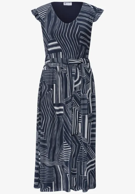 Midi-jurk van mesh met print darkest blue Blauwe maxi jurk met wit abstract dessin, korte volantmouwen en tailleceintuur.
