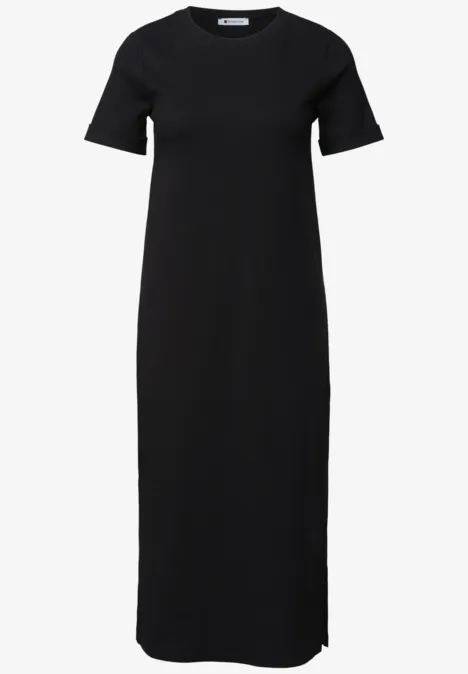 Midijurk met ribbelpatroon en ronde hals Black Eenvoudige zwarte T-shirtjurk met korte mouwen en rechte, enkellange pasvorm.