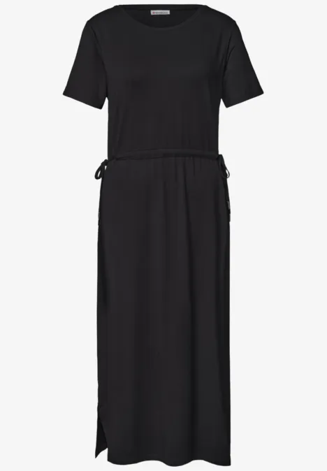 Midijurk van jersey met ronde hals Black Zwarte maxi-jurk met korte mouwen, ronde hals, taillekoord en een zijsplit in de zoom