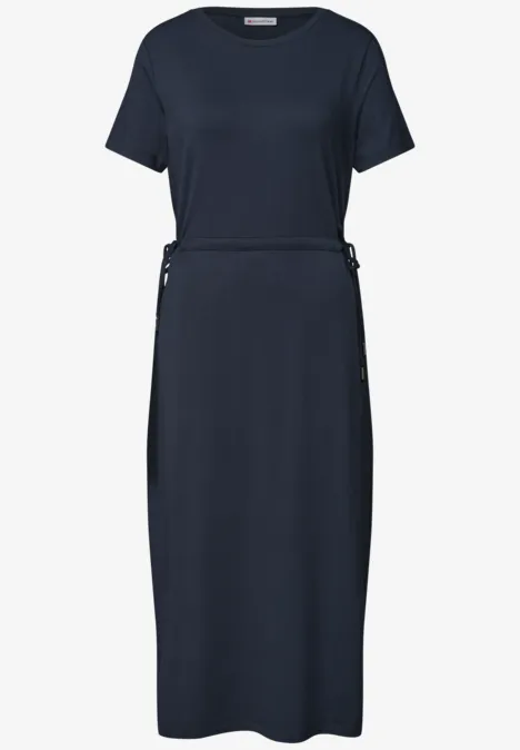 Midijurk van jersey met ronde hals darkest blue Donkerblauwe midi-t-shirtjurk met korte mouwen, ronde hals en tailleceintuur.