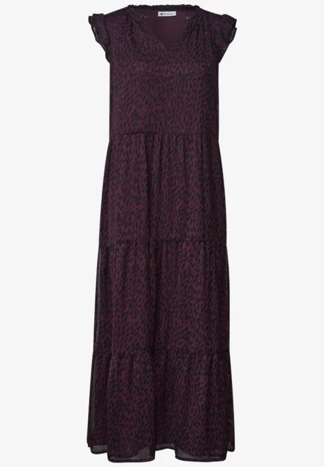 Maxi-chiffonjurk met volants en print rustic rouge Lange, luchtige jurk met korte mouwen, subtiele luipaardprint en gelaagde volantrok.