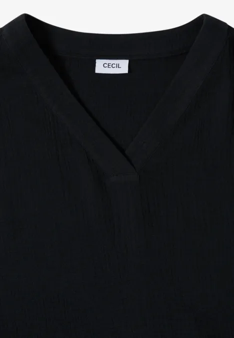 Knielange jurk in mousseline kwaliteit Black Zwart CECIL-T-shirt met V-hals en fijn ribstructuur.