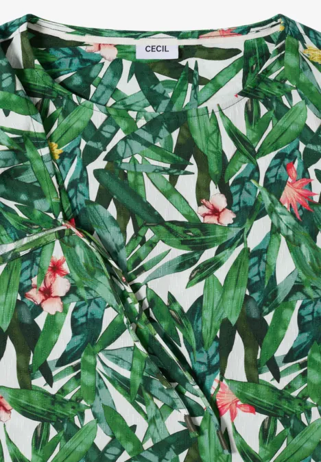 Knielange jurk met bloemenpatroon khaki Mouwloos top met tropische groene bladeren en bloemenprint