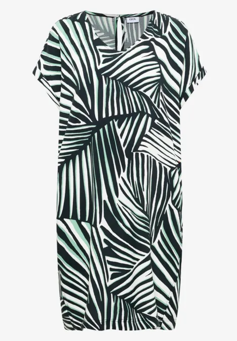 Knielange jurk met ronde V-hals universal blue Losvallende jurk met zwart-wit zebraprint en korte vleermuismouwen.