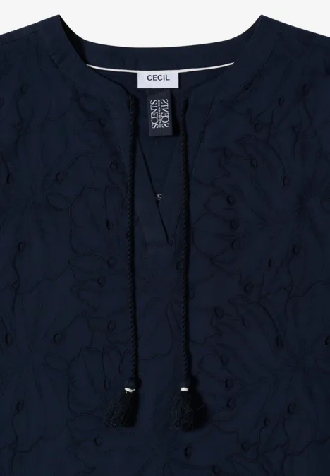 Knielange jurk met 3/4-mouwen en borduursel universal blue Donkerblauw damesshirt met bloemborduursel, ronde hals en sierkoord met kwastjes.