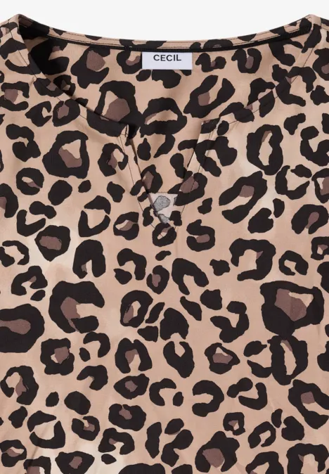 Midi-jurk met split in de hals en luipaardprint urban taupe Beige damesbovenstuk met zwarte en donkerbruine panterprint