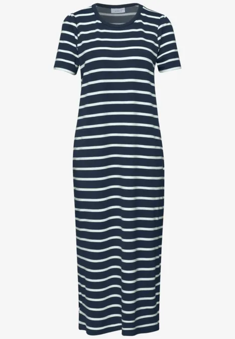 Midi-jurk met gerimpelde mouwen midnight muse Donkerblauw-wit gestreepte T-shirtjurk met korte mouwen en midilengte.
