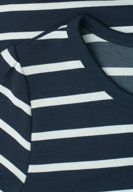 Midi-jurk met gerimpelde mouwen midnight muse Close-up van een donkerblauw shirt met witte horizontale strepen.